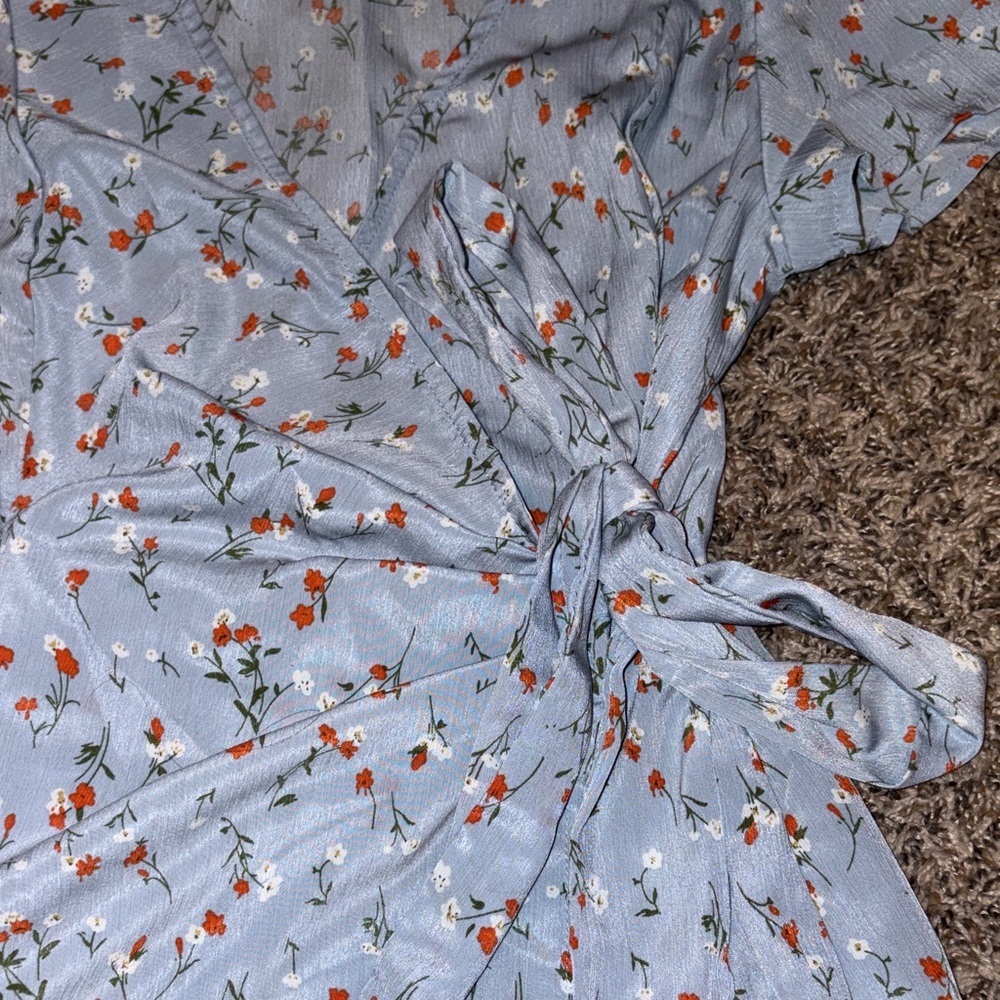 Sky Blue Floral Wrap Midi Dress - Picture 2 of 7